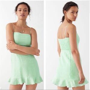 & Other Stories mint green linen mini ruffle dress square neck 38 S